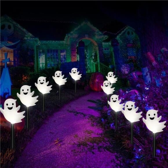 Solar Halloween Ghost Pathway Lights, 10 Pack 3D Lighted Outdoor Stake - Picture 7 of 8